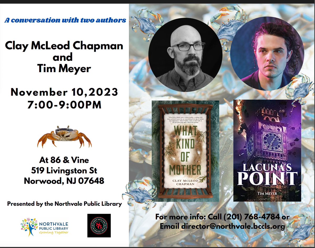 Wait… You thought book tour was over? HahahaHA! Foolish mortals, book tour will NEVER END! This Friday, I’m hanging  with the crustaceous Tim Meyer as we chat about our Chesapeake Bay-inspired books in Norwood, NJ! Crabs, booze, books! What more do you need?