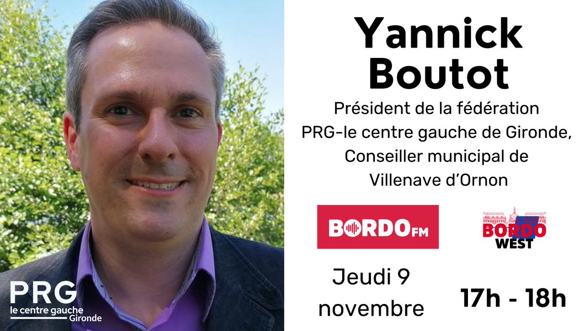 PRGGironde's tweet photo. Notre président, @yannickboutot, sera l'invité d'@EricGhaffar sur @MerignacRadio, jeudi 9 novembre de 17h à 18h. 
Au menu : #politique nationale et locale au prisme de la #gauche républicaine 😉 
A écouter sur https://t.co/vmrNmT7U8q 
#Médias #Radio #Bordeaux #PRG #Gironde https://t.co/JJxnIdTlH7