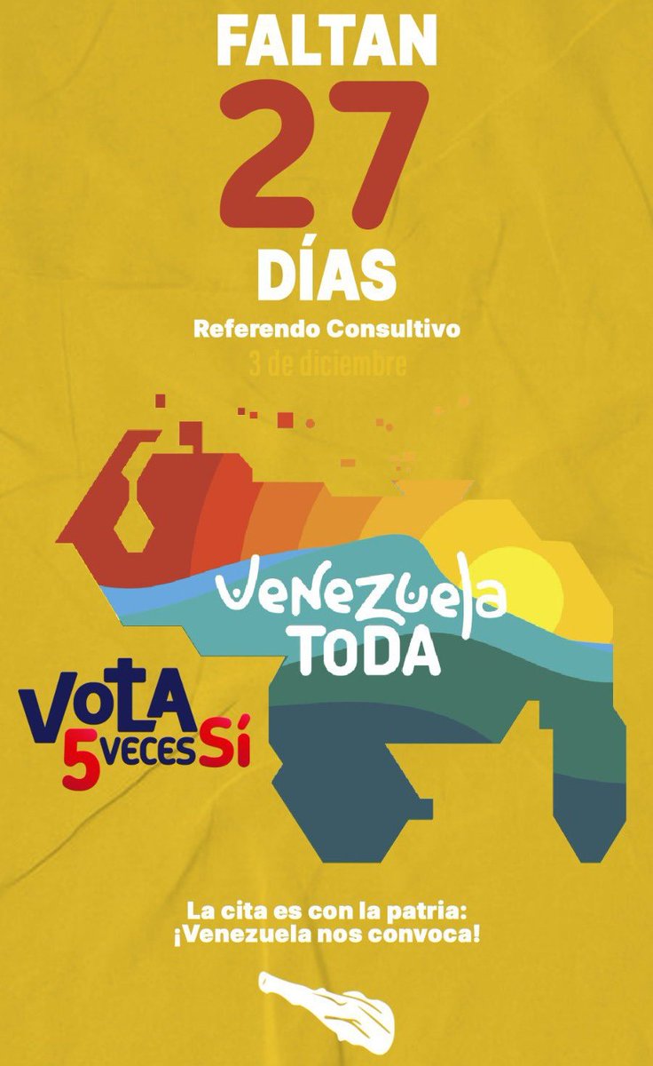 El Esequibo es incuestionablemente Venezolano
🇻🇪❤️🖐️
#YoVotoCincoVecesSí
#SíPorElEsequibo 🇻🇪