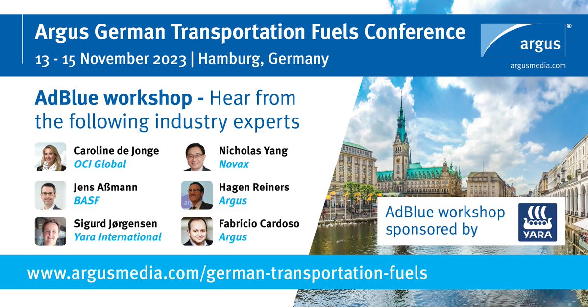 On Monday 13 November join AdBlue industry colleagues at the AdBlue workshop sponsored by <a href="/yara/">Yara International</a> taking place at the Argus German Transportation Fuels Conference in Hamburg, Germany. Registration closing soon, secure your place: okt.to/yAVDvJ

#AdBlue #ArgusGTFConference
