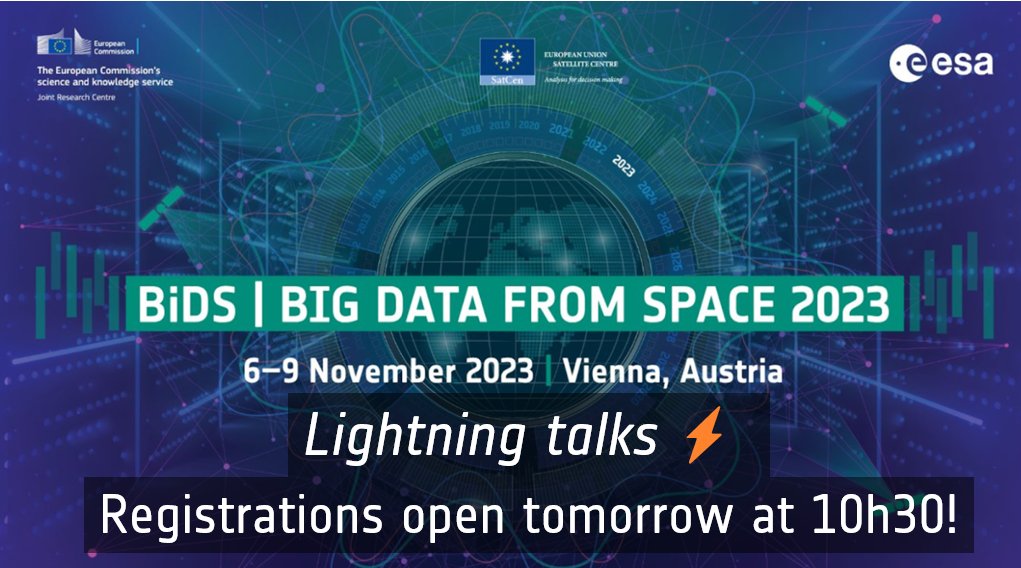 🎙️⚡️If you are at #BiDS23 join us for 4-Minute Presentations: Lightning Talks offer a quick and engaging way for sharing your insights.

Registrations will open tomorrow, and the ⚡️talks will take place on Wednesday (Nov. 8th), from 16:40 onwards!
👉🔗bigdatafromspace2023.org/lightning-talks