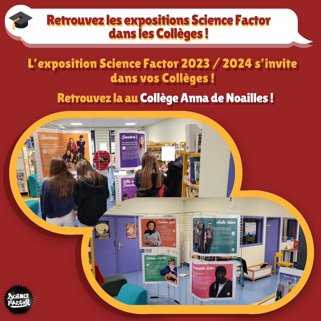 ❗️Expositions de Science Factor dans vos Collèges❗️

Retrouvez les expositions de Science Factor dans le Collège Anna de Noailles ! 🤯

Tu peux encore t’inscrire pour l’édition Science Factor 2023 / 2024 sur le lien en bio ! 👏
__
#ScienceFactor #Concours #Innovation #Science