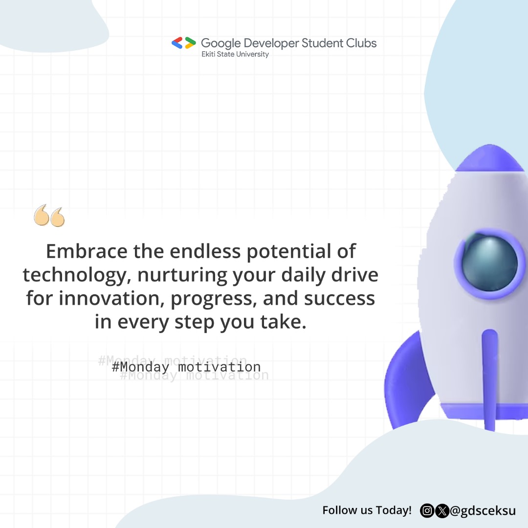 gdg_Eksu's tweet image. Wishing you a Week full of endless possibilities 😜

#gdsceksu #gdgssa #MondayMotivation #NewWeek #GoogleDeveloperStudents