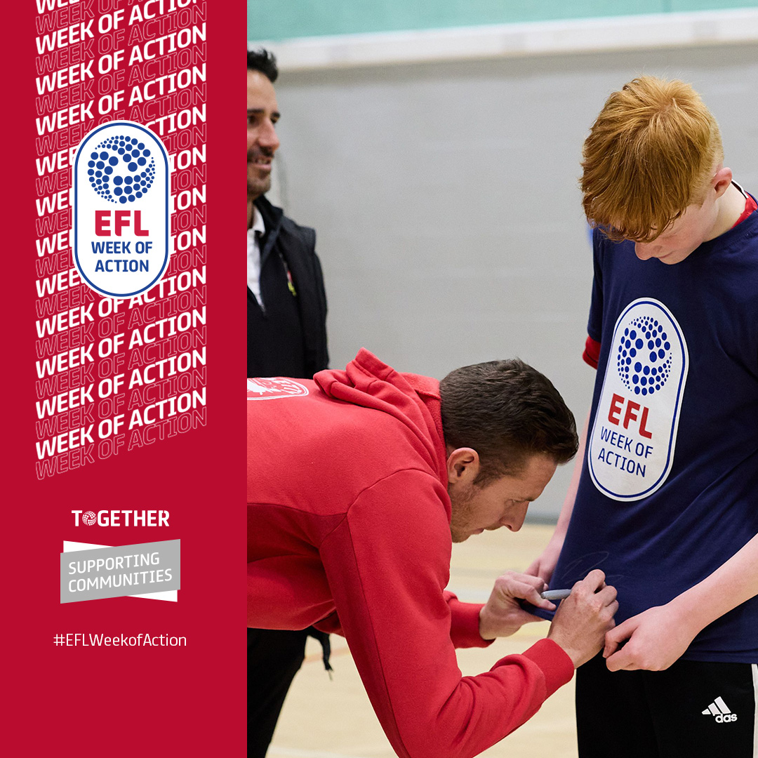 EFL's tweet photo. ⚽️❤️ A great example of inclusivity!

@PMullin7 takes part in a @WxmAFCCommTrust Autism-Friendly Football session 🙌

#EFLWeekOfAction | @Wrexham_AFC https://t.co/tA1EJkqEjx