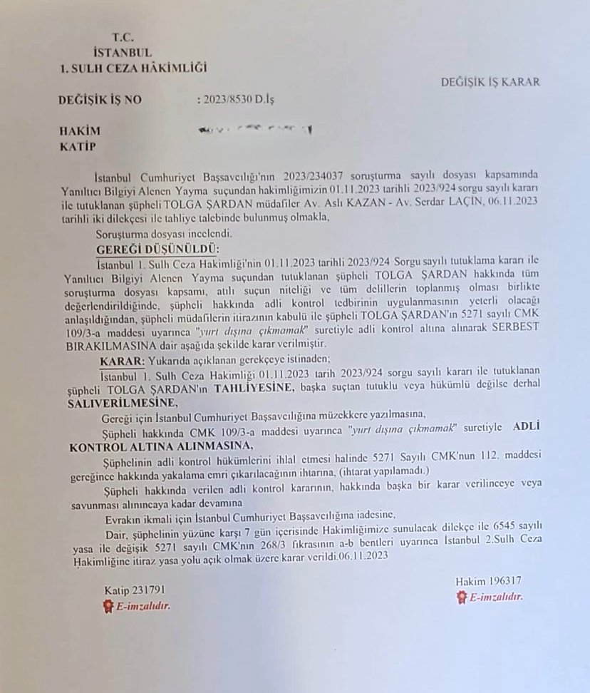 Gazeteci Tolga Şardan'ı tutuklayan İstanbul 1. Sulh Ceza Hakimi, 5 gün sonra deliller toplandı diyerek tahliye kararı verdi. Aslında 'deliller' o gün toplanmıştı. Bunu anlamak için 5 güne ihtiyaç yoktu. Bu arada 2 gün sonra AYM, sansür yasasındaki 'halkı yanıltıcı bilgiyi yayma'…