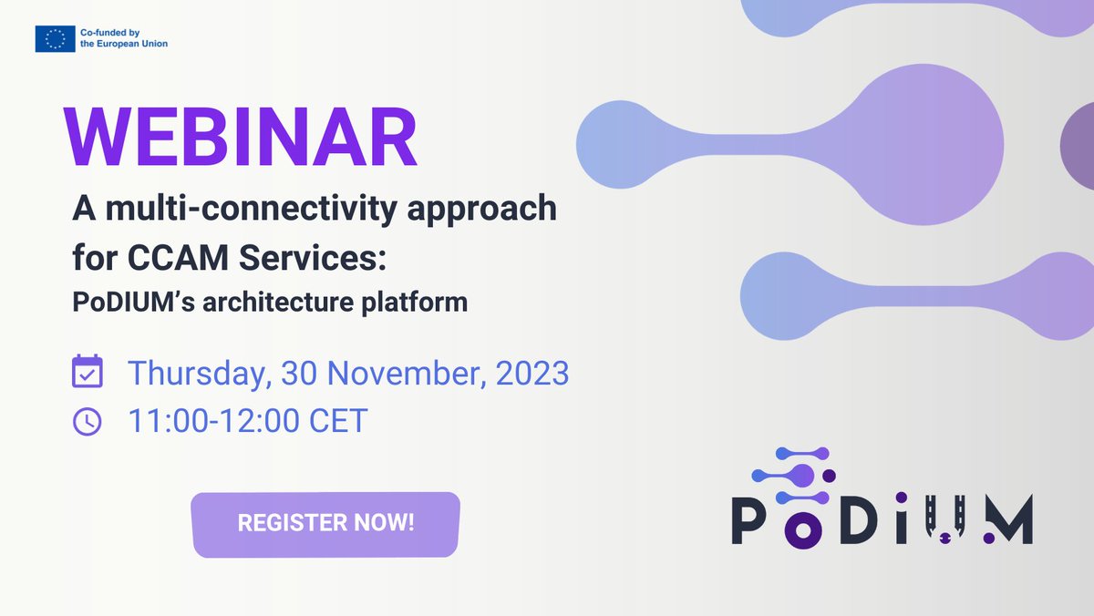 🟣 Register now and join our upcoming webinar on Nov 30 at 11CET to learn more about @PoDIUM_EU's High-Level Platform Architecture and its different aspects!  - ℹ️ More info and registration: podium-project.eu/podium-webinar…

#CCAM #ITS #PDI #PoDIUM_EU #AD #AutomatedDriving #Connectivity