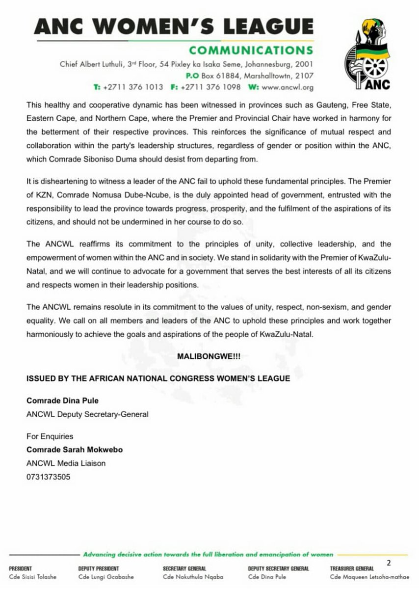 ZANewsFlash's tweet image. NEWS: The ANC Women's League has also come out to denounce MEC Siboniso Duma for his conduct towards KZN Premier Nomusa Dube-Ncube on Saturday in Durban during the parade of the Springbok's trophy.