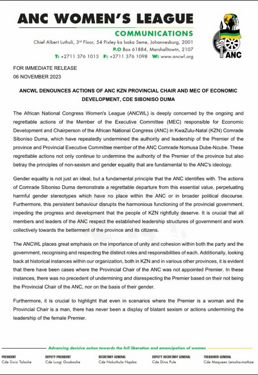 ZANewsFlash's tweet image. NEWS: The ANC Women's League has also come out to denounce MEC Siboniso Duma for his conduct towards KZN Premier Nomusa Dube-Ncube on Saturday in Durban during the parade of the Springbok's trophy.