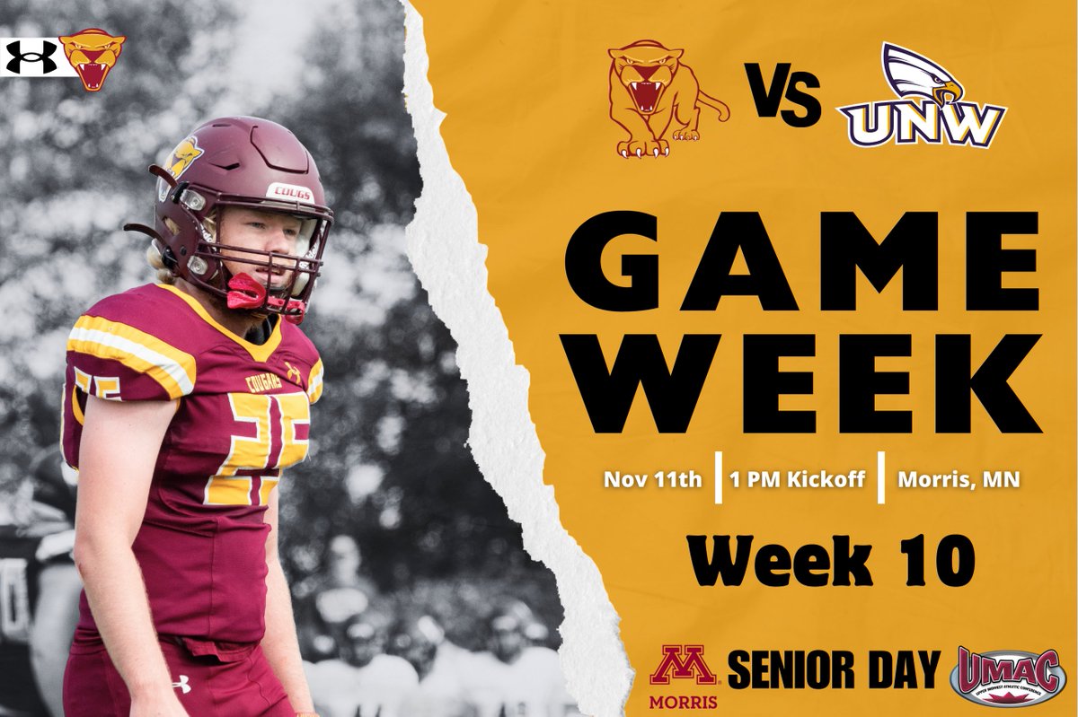 UMMFootball's tweet photo. Week 1️⃣0️⃣

Cougar Football returns home to take on the University of Northwestern for Senior Day! 🏈

Come watch the Cougs battle for the UMAC Championship trying to earn an automatic bid to the NCAA Division III playoffs! 🏆

#DEFENDTHEDEN🏟️
#TEAM #RollCougs🐾 https://t.co/FQygdQ1FYq