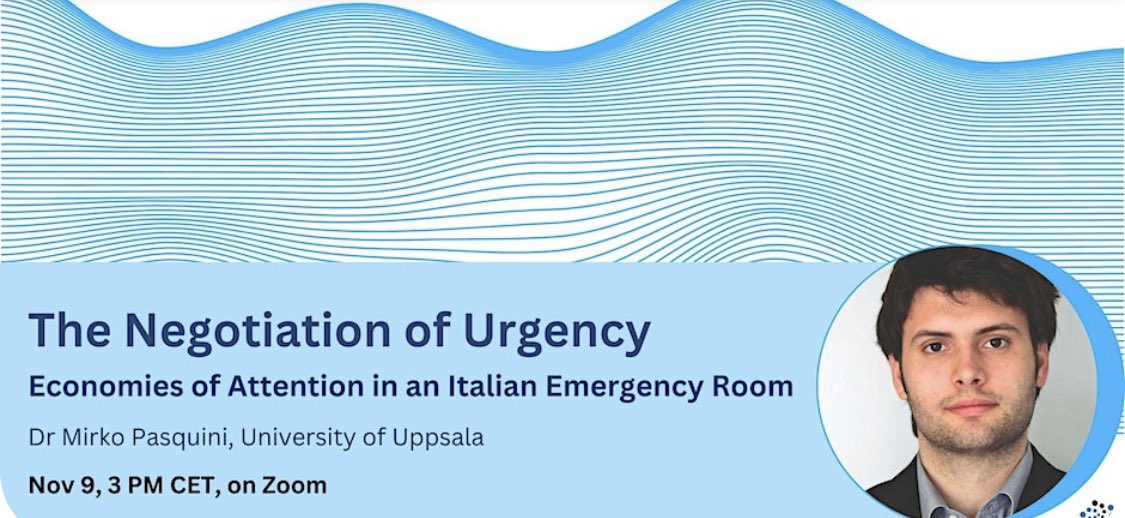 📢 The MAE Seminar Series continues! On Nov 9th, 3pm CET, Mirko Pasquini will talk about „The Negotiation of Urgency“ in an Italian emergency room.
Further info and registration (free of charge): eventbrite.co.uk/e/mae-seminars…