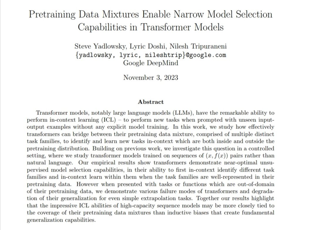 Transformers in-context learn to predict f(x_(n+1)) from a sequence s: s = (x_1, f(x_1), x_2, f(x_2), . . . x_n, f(x_n), x_(n+1)) Only if it's seen similar examples before in the training set. Which shows that transformers are doing approximate interpolative retrieval.