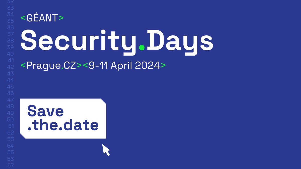 🗓️ #SaveTheDate

The first edition of the GÉANT #Security Days will take place on 9-11 April 2024 in Prague, with the theme "Securing Tomorrow's Knowledge".

CfP will open on 1 Dec 2023 - We look forward to receiving your contributions &amp; ideas!

Read more👉security.geant.org/geant-security…