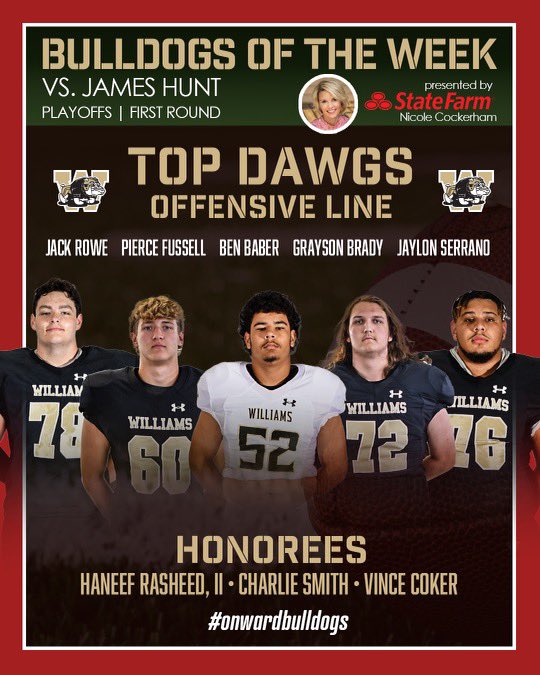 Top Dawgs this week are the very deserving O-LINE!! Way to go guys. It ALL starts up front and you are each very deserving! Congratulations to the other BOW’s who had wonderful performances in the team win! <a href="/DawgAthletics/">Williams Athletics</a> <a href="/dawgs_bite/">WWHS Student Section</a> <a href="/WHSDawgstrong/">WHS Strength and Performance</a> <a href="/WMWHS/">Walter M Williams</a> <a href="/BoosterWilliams/">WilliamsAthleticBoosterClub</a>