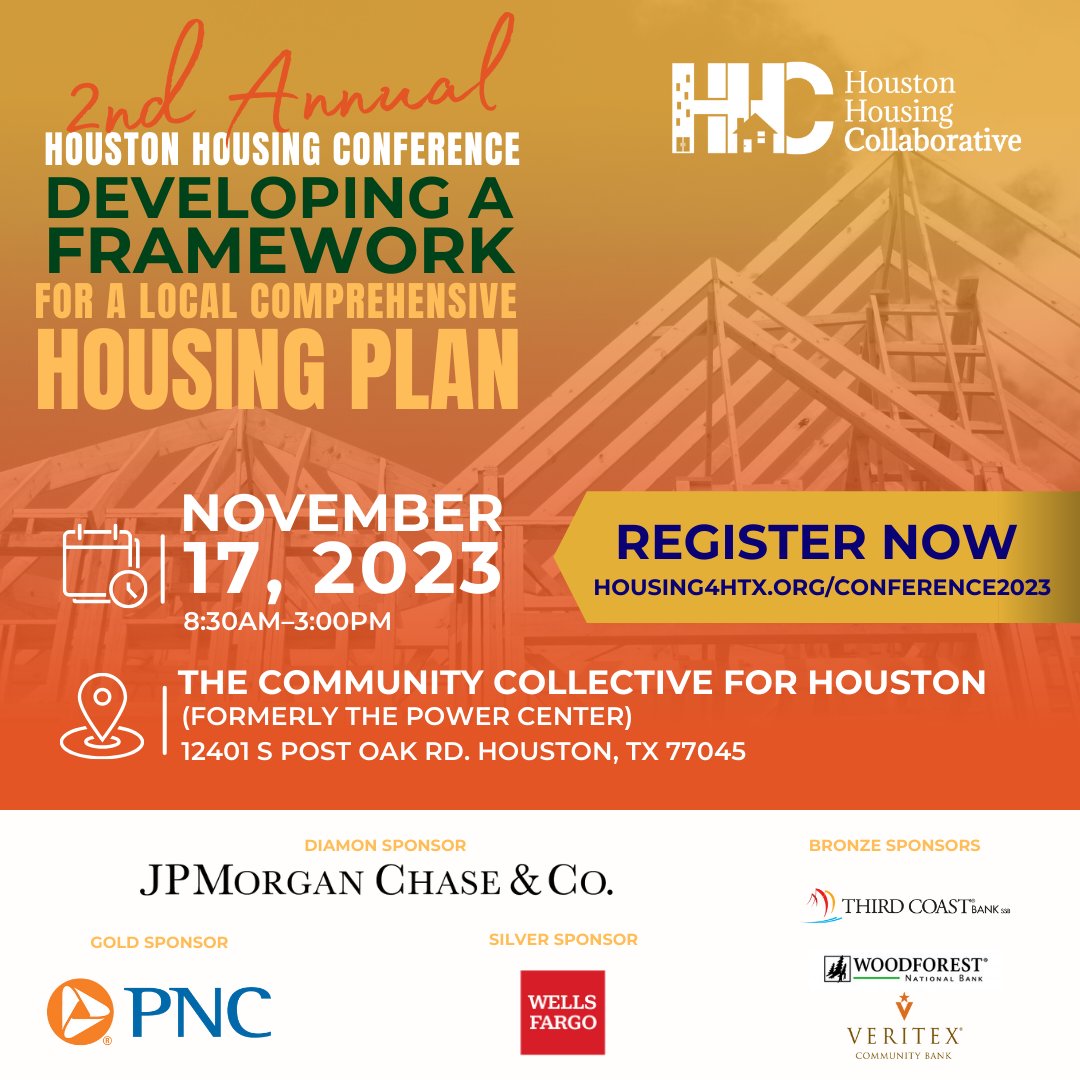 housing4htx's tweet photo. Join us for the 2nd Annual Houston Housing Conference Nov. 17, 2023! This free will help shape the framework for a comprehensive housing plan for the region! ➡️ 𝗟𝗲𝗮𝗿𝗻 𝗺𝗼𝗿𝗲 &amp; 𝗿𝗲𝗴𝗶𝘀𝘁𝗲𝗿 𝗻𝗼𝘄 » https://t.co/8LTFXJhMPd https://t.co/lcHRrrsSPb