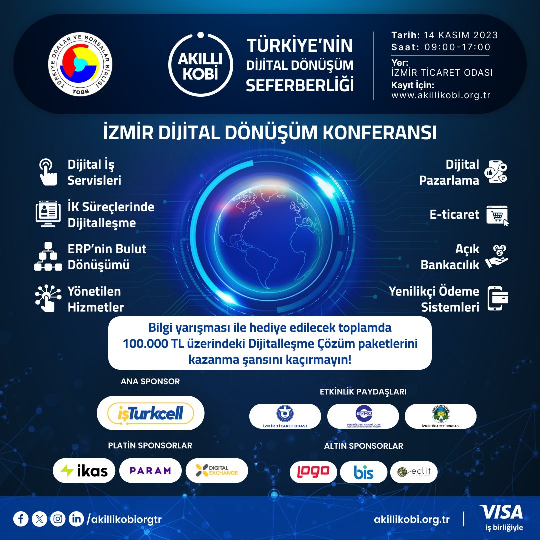 14 Kasım’da gerçekleşecek İzmir Dijital Dönüşüm Konferansı’na kayıt olarak toplamda 100.000₺ üzerinde Dijitalleşme Çözüm paketlerinden kazanma şansını kaçırmayın!

Kayıt için: akillikobi.org.tr/konferans-izmi…

#AkıllıKOBİ #DijitalDönüşümKonferansı

<a href="/Turkcell/">TURKCELL</a> <a href="/iztokurumsal/">İzmir Ticaret Odası</a>