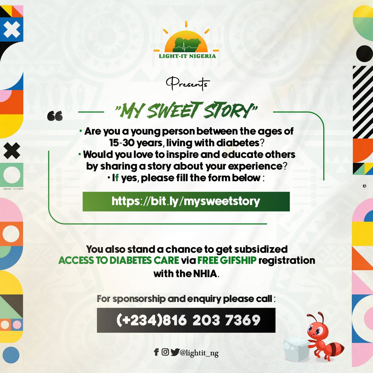 LightIt_NG's tweet photo. ARE YOU A YOUNG PERSON LIVING WITH DIABETES❓

You can share your story with the world😊🔊📝.
Take the chance to be a source of strength and encouragement to others living with diabetes and enlightenment to the populace by following this lead 👉🏽 https://t.co/zNfW3Yltcw https://t.co/3XJ9hW4ryQ