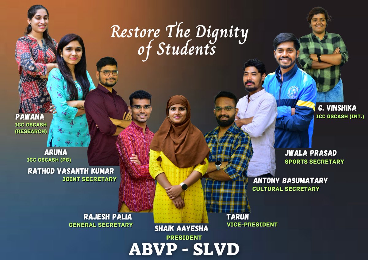 ABVP Panel for #UoHSU2023 is all set to restore the dignity of students at the University of Hyderabad.

The student community of the University of Hyderabad requires a student-centric Right to Union, which the ABVP-SLVD is the only credible option for an accountable, responsive,