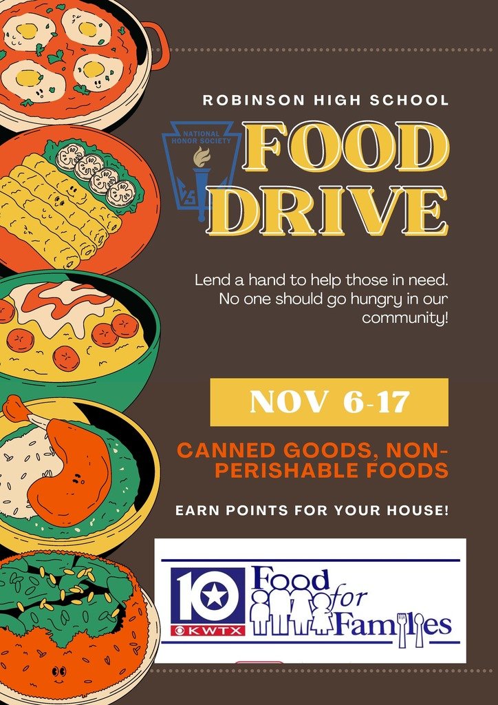 whatsnewatrjh's tweet photo. Please join #RobinsonISD in the KWTX Food for Families food drive. Please bring items to each campus 11/6-11/17. NHS will take items to KWTX &amp; award house points at each campus. Graphic Design Credit: Mathew Ruggieri 
Video explanation: https://t.co/wV9gXkWhhp https://t.co/Joe8eSfAfJ