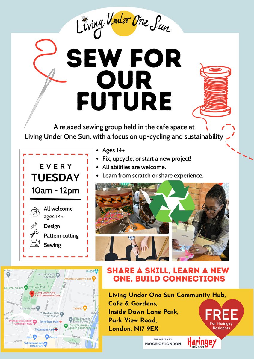 Our new sewing group starts tomorrow!
A relaxed sewing group held in the cafe space at Living Under One Sun, with a focus on up-cycling and sustainability.
Tuesdays
10-12am
#n17 #tottenhamhale #downlanepark #sewing #sewinggroup #sewingtogether #communitygroup #communitysewing