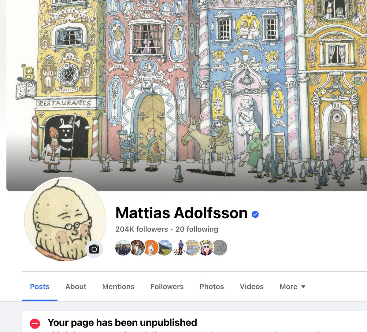 MattiasInk's tweet photo. Facebook has unpublished my Facebook page for some unexplained reason, and I am not sure if I can muster the energy again to try to get it back. The page was hijacked a couple of months ago, spamming fraudulent ads, but nothing like this has happened this time. https://t.co/7CveOOqpwS