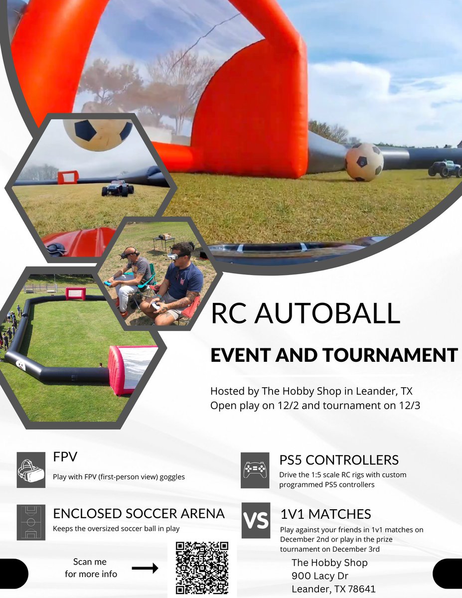 First official RC Autoball tournament! Flyer below. More details about registration to come. Cars and equipment will be provided to the players!