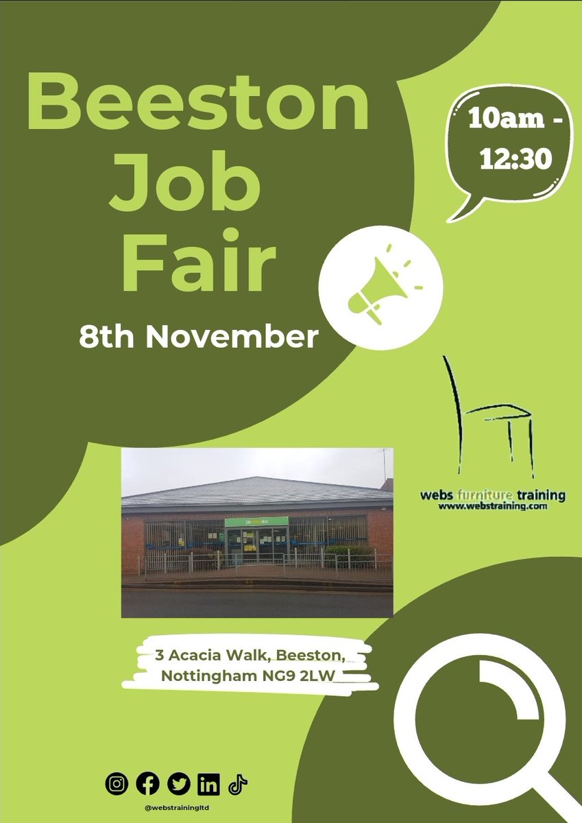 Did you know about the Beeston Job Fair in Beeston's Job Centre this Wednesday? We will be there talking about our current apprenticeship vacancies and more, so come and visit us! 🤗 #beestonjobfair #beestonjobcentre  #beeston #nottingham #jobs #vacancies #webstrainingltd