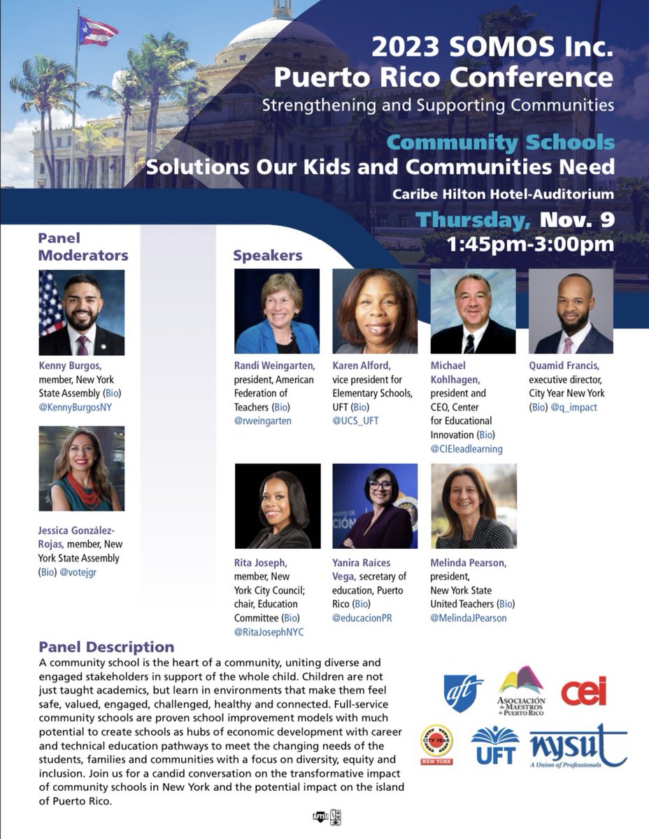 Join us at the SOMOS PR conference for “Community Schools: Solutions Our Kids and Communities Need.” I’m co-hosting with @KennyBurgosNY & we’ll be joined by @rweingarten, @RitaJosephNYC, @MelindaJPerson, @EDUCACIONPR & more! ✏️ Nov 9th, 1:45 PM - 3 PM Host hotel Auditorium