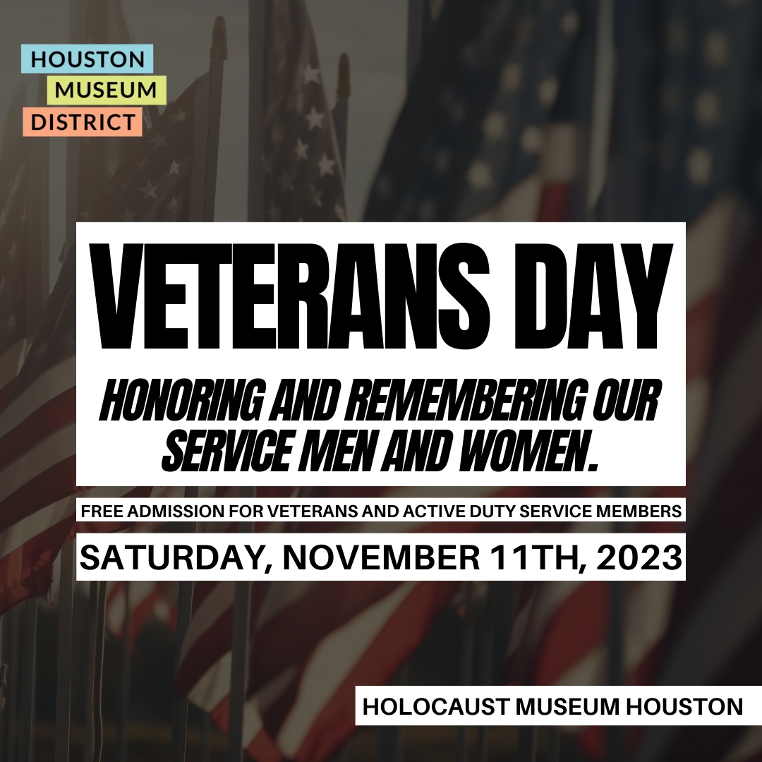 HOUMuseums's tweet photo. This Saturday, November 11th is Veterans Day. πΊπΈ To honor our brave service men and women, The Holocaust Museum of Houston is offering free admission for veterans and active duty service members.
#HOUMuse #HoustonMuseums #HoustonTX #HTX #Houston #VisitHouston #VeteransDay https://t.co/Lhf16IwjMK