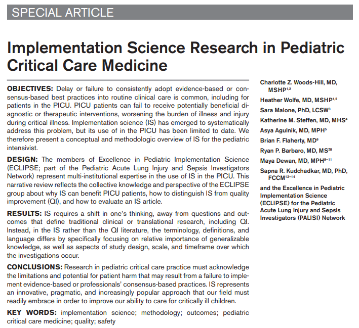 👀Check it out, #PedsICU 👀hot off press in @PedCritCareMed! bit.ly/pedsicu_impsci… #ImplementationScience is present & future of clinical translation/impact for patients. But what does it mean? Where do we start? Thx to @CWoodsHillMD & @Wolfe_HA for leading this special…