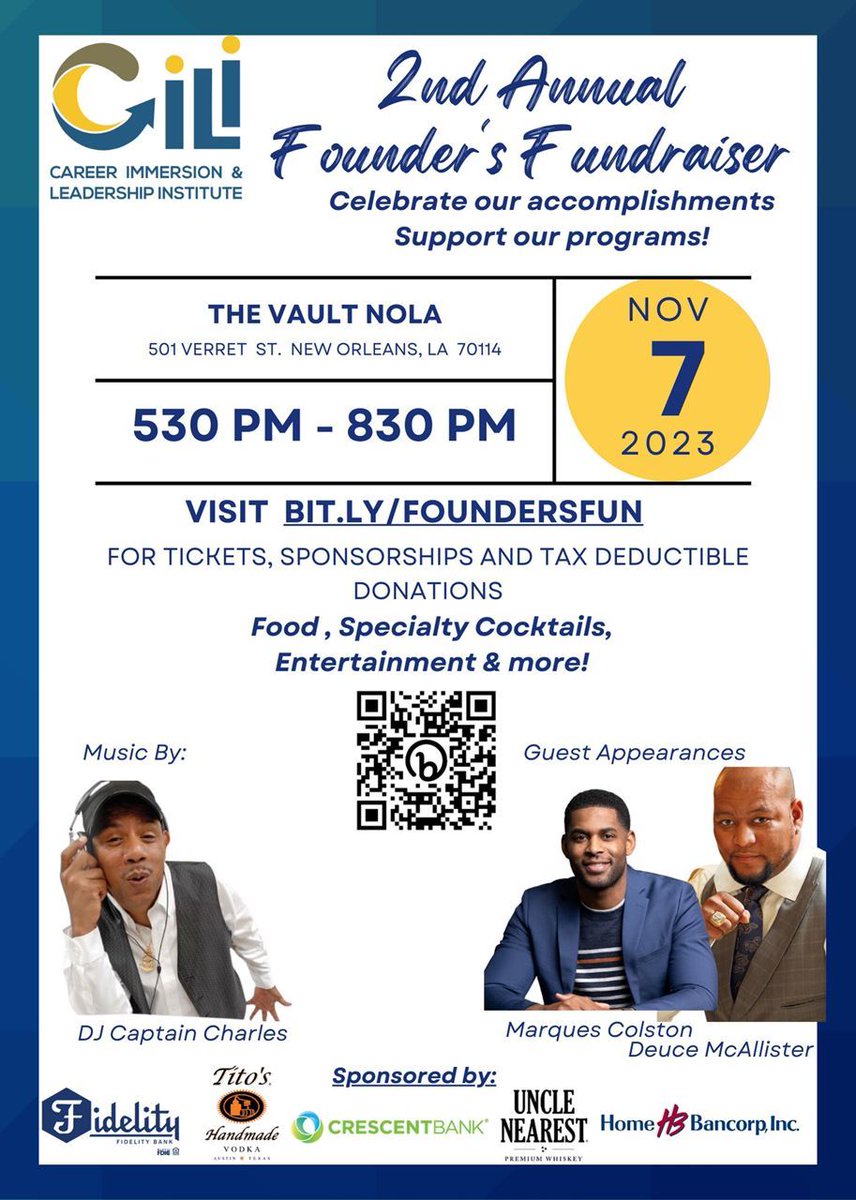 CILI's 2nd Annual Founder's Fundraiser is happening tomorrow! Join us at @vaultnola from 5:30 p.m. to 8:30 p.m. Enjoy delicious light bites, live entertainment, and more. Your presence matters in shaping our future leaders. See you!