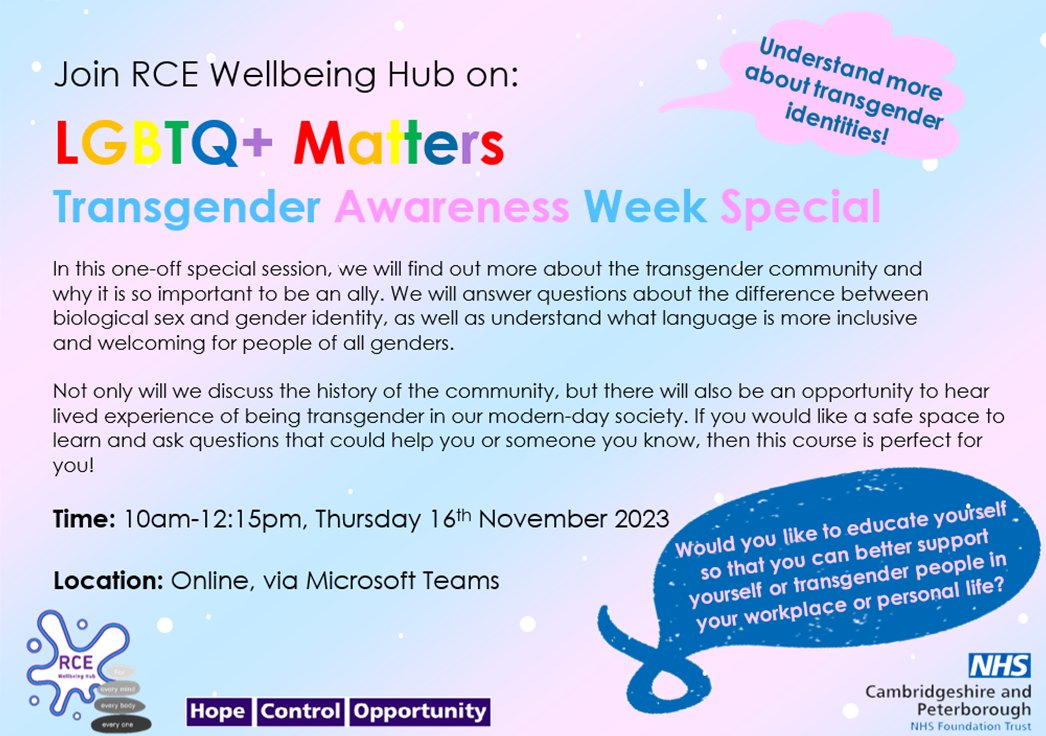 🏳️‍⚧️TRANSGENDER AWARENESS WEEK SPECIAL

We are proud to be delivering a special course to honour Transgender Awareness Week 2023. This online course will be on Thursday 16th November at 10am-12:15pm.

Book on and join us to gain more understanding about the Transgender community!