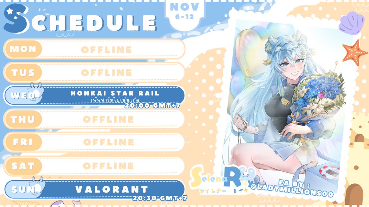 selena__ray's tweet photo. [ LIVE SCHEDULE ] 
🌟 6Nov-12Nov 
กระเบนมีตารางไลฟ์แล้วววว วีคนี้มาลองไลฟ์เกมอื่นๆบ้างงับ🥺
Twitch : https://t.co/efp58kqMfq
[ Tag ]
Vtuber: #SelenaRayV
Live : #SeiRayLive
FA : #SeiRayArt
แล้วเจอกันนะะ🌟💓
FA By @.LadyMillions00 
#Vtuber #VtuberTH https://t.co/5Qd8XIAVBs