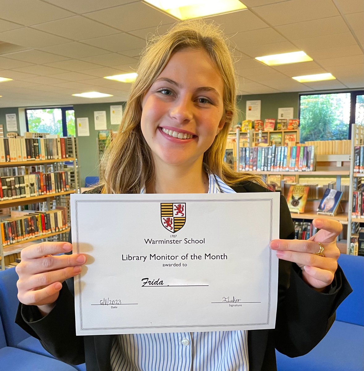LibraryLand3's tweet image. Frida has been awarded Library Monitor of the Month for her outstanding commitment to her duties.