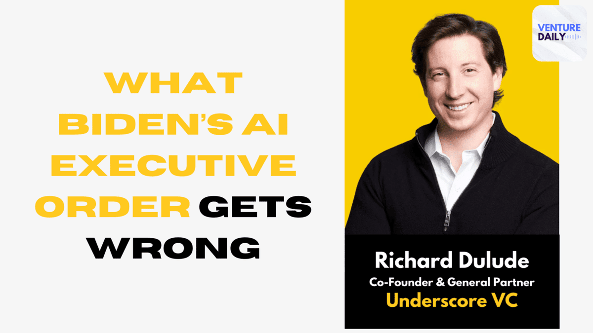 Biden's AI executive order 'is not putting its thumb on the scale at the right place,' says @RichardDulude_ 

Learn what Richard feels the executive order gets wrong on today's episode of @theventurenews. 

🎧 Listen here: open.spotify.com/episode/0h7OAg…