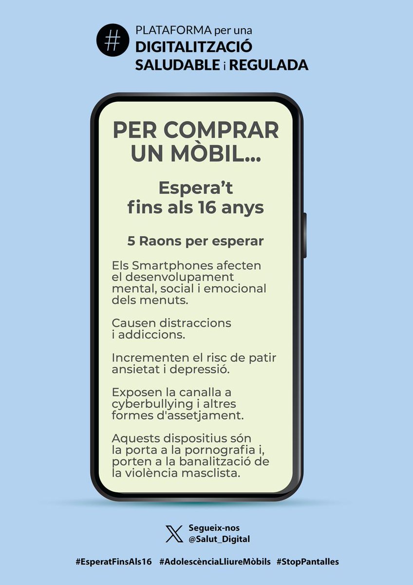 Aixeca_el_cap's tweet image. Engeguem la campanya Espera't fins els 16! per fer arribar a les famílies que s’estan plantejant comprar mòbils als seus infants per nadal.  Reenvieu, imprimiu i feu-ho arribar a escoles, instituts i AFA d'arreu! #EsperatFinsEls16, #StopPantalles, #AdolescenciaLLiureDeMobils.