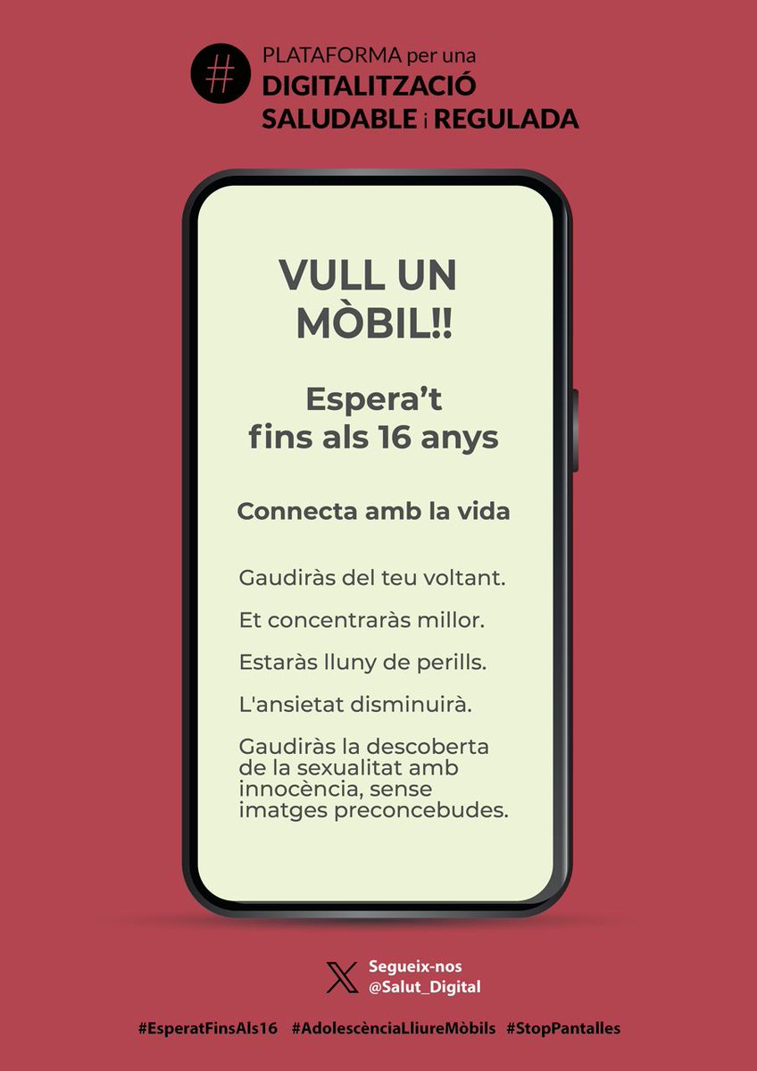 Aixeca_el_cap's tweet image. Engeguem la campanya Espera't fins els 16! per fer arribar a les famílies que s’estan plantejant comprar mòbils als seus infants per nadal.  Reenvieu, imprimiu i feu-ho arribar a escoles, instituts i AFA d'arreu! #EsperatFinsEls16, #StopPantalles, #AdolescenciaLLiureDeMobils.