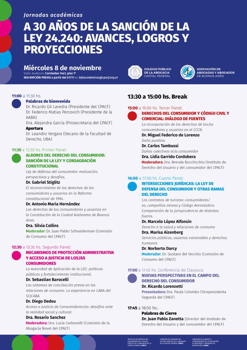 JuampiZanetta's tweet photo. El miércoles 8 de noviembre a las 11 horas se realizará la Jornada Académica en conmemoración del 30 aniversario de la Ley de Defensa del Consumidor. Se llevará a cabo en el Auditorio del Colegio Público de la Abogacía de la Capital Federal, Corrientes 1441 primer piso. 
Inscripciones: 👇🏼
infoacademicas@cpacf.org.ar

#30Años 
#Ley24240
#DerechoDelConsumidor
#JornadaAcadémica