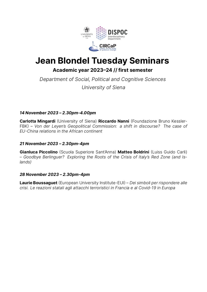 🎓New academic year, new Jean Blondel Tuesday Seminar series @unisiena @dispocunisi 

Save the date‼️
1⃣st seminar with @CarliMingardi @ricc_nan 
📅14th November 
⏰14:00

Check the calendar here 👇