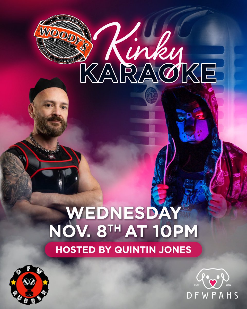 DfwPahs's tweet photo. Grab your gear and spend your hump day singing at Kinky Karaoke! Pup hood, leather, latex or any type of gear is encouraged. 

Wednesday November 8th 10pm https://t.co/BDQteHueC2