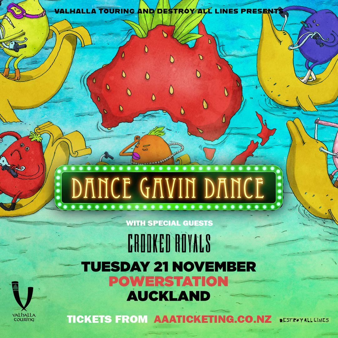 Excited to announce that <a href="/CrookedRoyals/">CrookedRoyals</a> will be supporting <a href="/DGDtheband/">Dance Gavin Dance🍓</a> at the <a href="/powerstation_nz/">Powerstation</a> on November 21st! Grab your tickets now at shorturl.at/acGPT