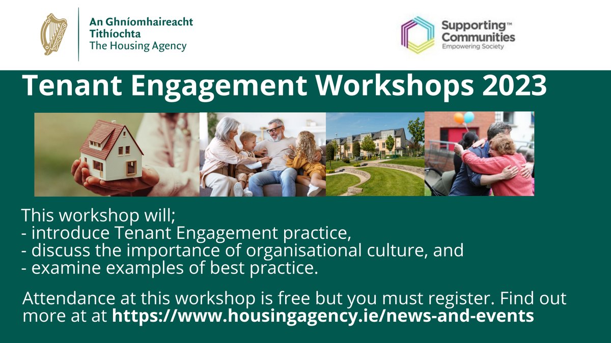 The Housing Agency &amp; <a href="/SuppCommunities/">SuppCommunities</a> will host two Tenant Engagement Workshops in Nov for housing practitioners. The free workshops will take place on Zoom on Thursday 9th 10-12am &amp; Thursday 16th 2-4pm. To find out more &amp; register your interest visit: housingagency.ie/news-events/in…