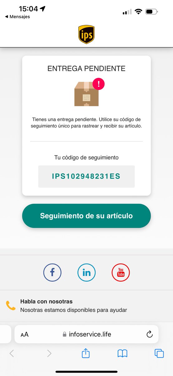 kobebryamV2's tweet photo. @policia @guardiacivil @Redsys_es #alerta #campaña de #phishing via #sms desde n
Número de #telefono #español 
+34 698 976 635
#Url #ioc
hxxp://imetir[.]com/tvTaYuS
hxxps://track[.]fwrdtrck[.]com/
hxxps://infoservice[.]life/ips_es2
shoping-wave[.]com https://t.co/Qo4oCQwc5v