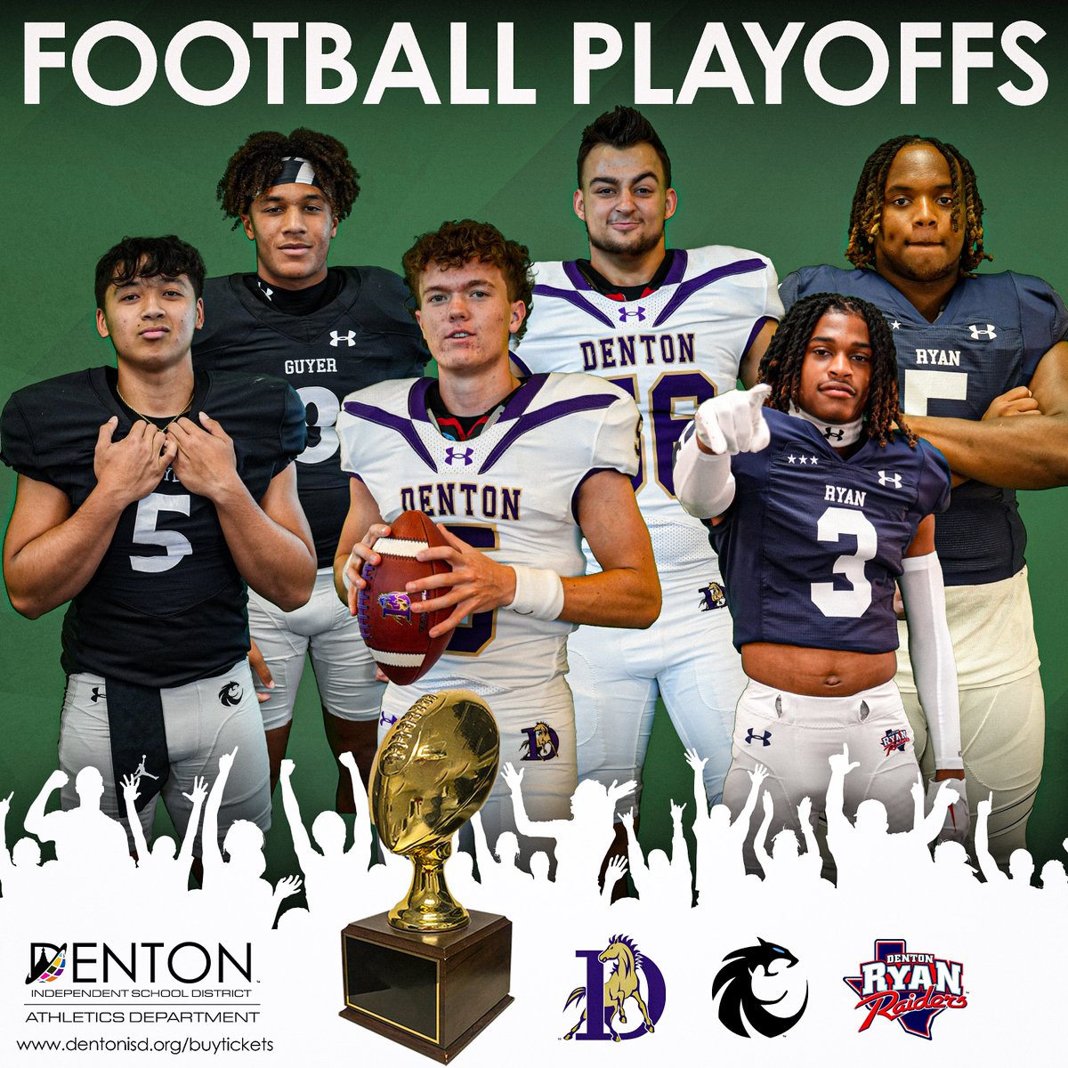 DentonISDSports's tweet photo. The UIL State Football Playoffs are here!!! Support your Broncos, Raiders, and Wildcats!!! Tickets will be available soon!!! Check back so you don’t miss the action!!!
#BuildingChampions4Life #GoldBallSeason
Tickets and Directions: https://t.co/AHBZnzaI7F https://t.co/RVQJFIeZRy