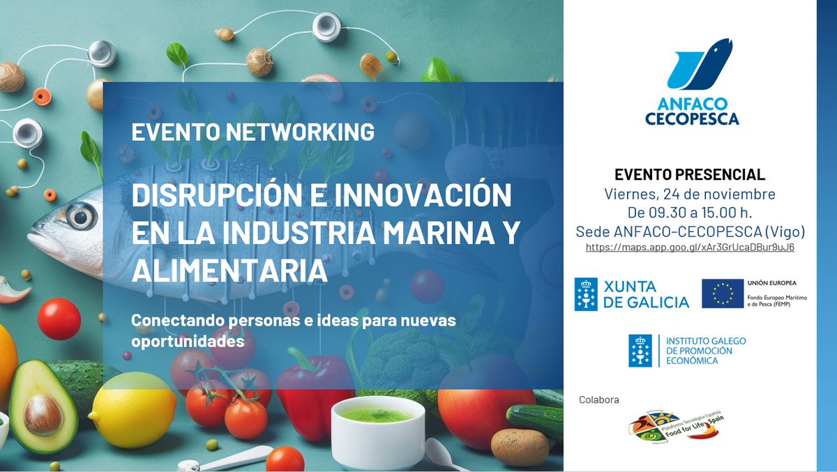 🌊🚀Únete a nuestro evento de networking sobre Disrupción e Innovación en la Industria Marina y Alimentaria el 24/11. Descubre las últimas tendencias y tecnologías que están transformando nuestro futuro. Regístrate ahora 👉 anfaco.es/evento/evento-…