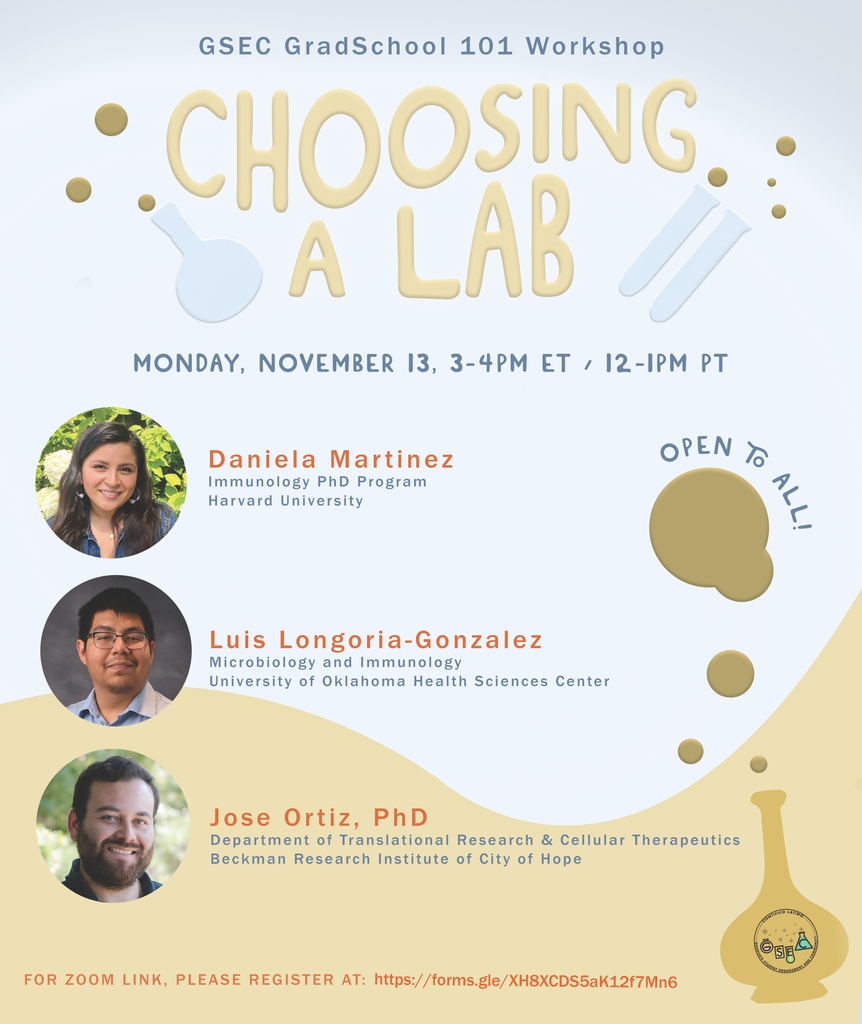 Join us for the next GSEC GradSchool 101 Workshop: Choosing a Lab! It will be held virtually next Monday, Nov 13, 3-4pm ET / 12-1pm PT. Please register at this link: forms.gle/XH8XCDS5aK12f7…