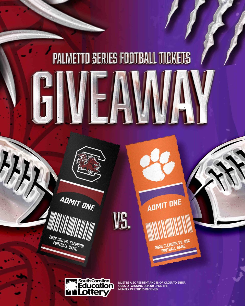 Palmetto State football fans, enter to win tickets to the Clemson vs South Carolina game! RT, FOLLOW and click bit.ly/3KgzvDC to enter!
SC residents only. Must be 18 or older. ENDS 11/12/23. <a href="/ClemsonFB/">Clemson Football</a> <a href="/GamecockFB/">Gamecock Football</a> #contest