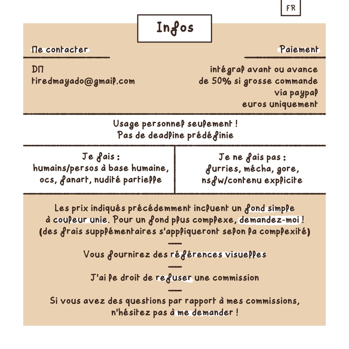 _Mayado's tweet image. J'ouvre mes commissions !

My commissions are open! (see eng version below 👇)

N'hésitez pas à me contacter si vous êtes intéressé‧es ou si vous avez une question ! Merci également de lire les informations sur la dernière image.

N'hésitez pas à partager autour de vous, merci~