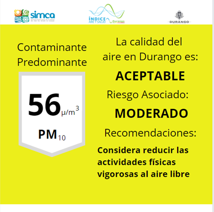 SimcaDgo's tweet photo. 06/11/23 La calidad del aire en DURANGO al momento es aceptable, con mayor concentración en Estación IPN https://t.co/0RzAiyJYCR