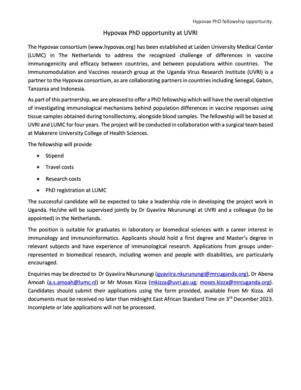 VAnguard Project (@the_vanguard22) on Twitter photo Exciting PhD opportunity <a href="/UVRIug/">UVRI</a> & <a href="/HypoVax/">HypoVax Global</a> consortium. Are you a graduate in lab or biomedical sciences? Interested in immunology and immunoinformatics? Get the application form from mkizza@uvri.go.ug . Contact <a href="/GyavN/">Gyaviira Nkurunungi 🇺🇬👨🏾🔬</a> <a href="/AbenaPhD/">Abena S. Amoah, PhD 👩🏾💻👩🏾🔬</a> for inquiries. <a href="/MRC_Uganda/">MRC/UVRI and LSHTM Uganda Research Unit</a> <a href="/KEMRI_Wellcome/">KEMRI-Wellcome Trust</a> <a href="/SChiug/">Controlled Human Schistosoma mansoni Study</a> Exciting PhD opportunity <a href="/UVRIug/">UVRI</a> & <a href="/HypoVax/">HypoVax Global</a> consortium. Are you a graduate in lab or biomedical sciences? Interested in immunology and immunoinformatics? Get the application form from mkizza@uvri.go.ug . Contact <a href="/GyavN/">Gyaviira Nkurunungi 🇺🇬👨🏾🔬</a> <a href="/AbenaPhD/">Abena S. Amoah, PhD 👩🏾💻👩🏾🔬</a> for inquiries. <a href="/MRC_Uganda/">MRC/UVRI and LSHTM Uganda Research Unit</a> <a href="/KEMRI_Wellcome/">KEMRI-Wellcome Trust</a> <a href="/SChiug/">Controlled Human Schistosoma mansoni Study</a>