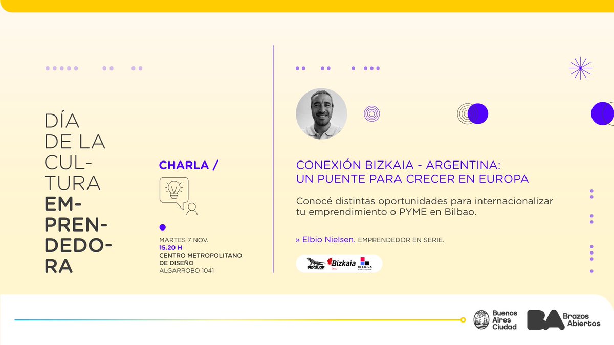 ✨Día de la Cultura Emprendedora 2023 👉 Conocé a Elbio Nielsen

Te acercamos la charla que necesitás para escalar tu emprendimiento al plano internacional.

¡La entrada es libre y gratuita!

📅 Martes 7/11 - 15.20h
📍 Algarrobo 1041
✍️ f.tlp1.co/s/WMQqQUO?Plc=…